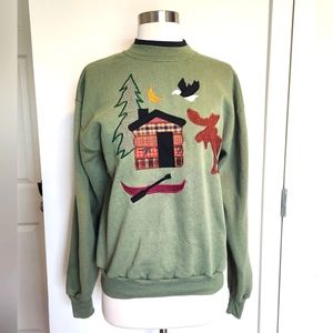 Vintage Jerzees Cozy Cabin Vibes Sweatshirt Green Patchwork Sweater Double Neck